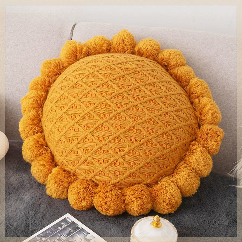 KTX-943123 Mint Green Textile Knitting Cushion Cover with Tassels - Modern Round Pillow for Living Room or Bedroom