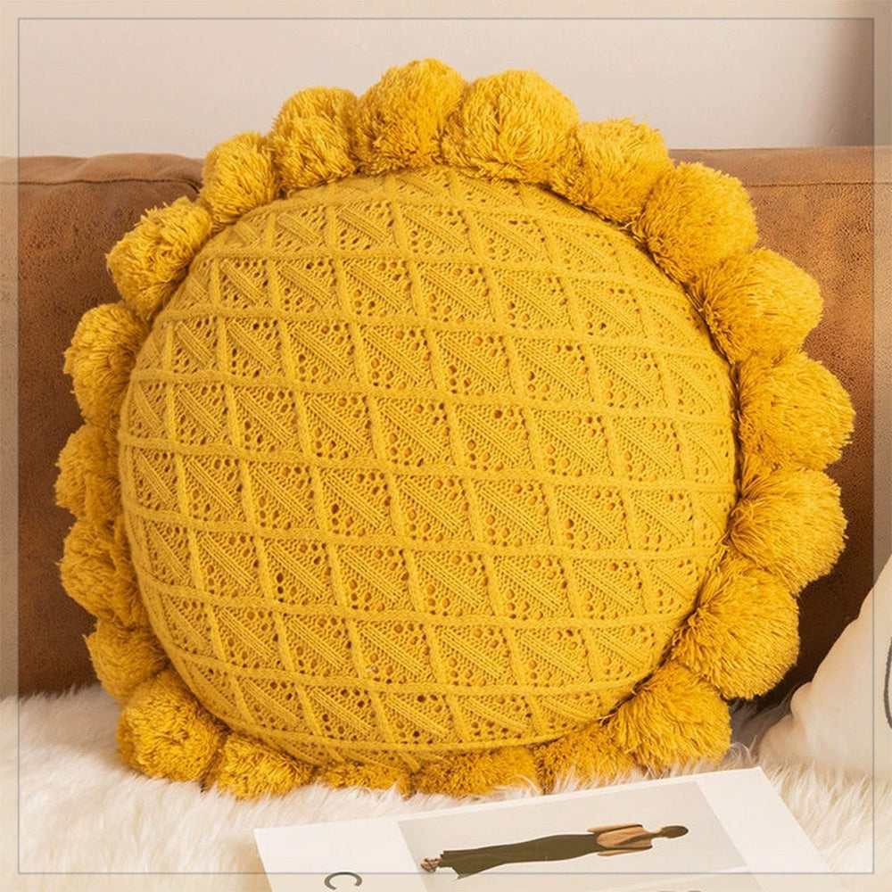 KTX-943123 Mint Green Textile Knitting Cushion Cover with Tassels - Modern Round Pillow for Living Room or Bedroom