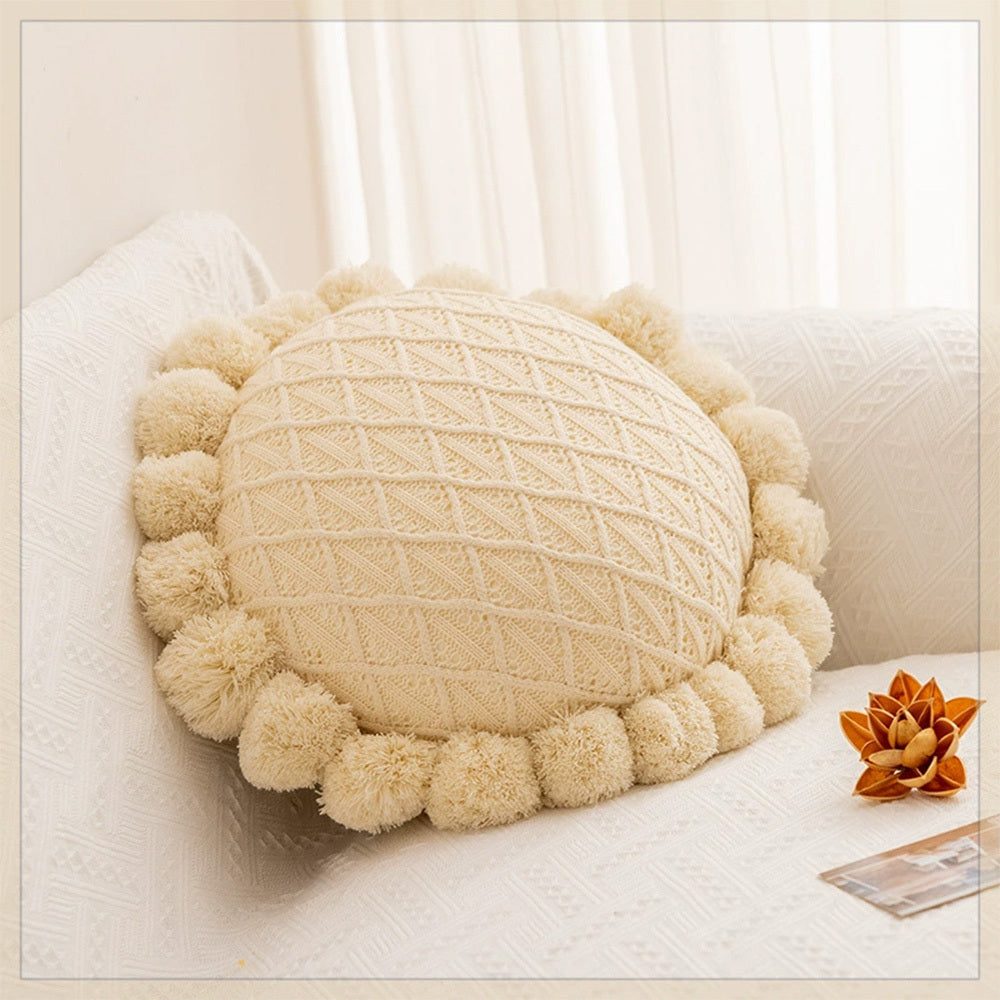 KTX-943123 Mint Green Textile Knitting Cushion Cover with Tassels - Modern Round Pillow for Living Room or Bedroom