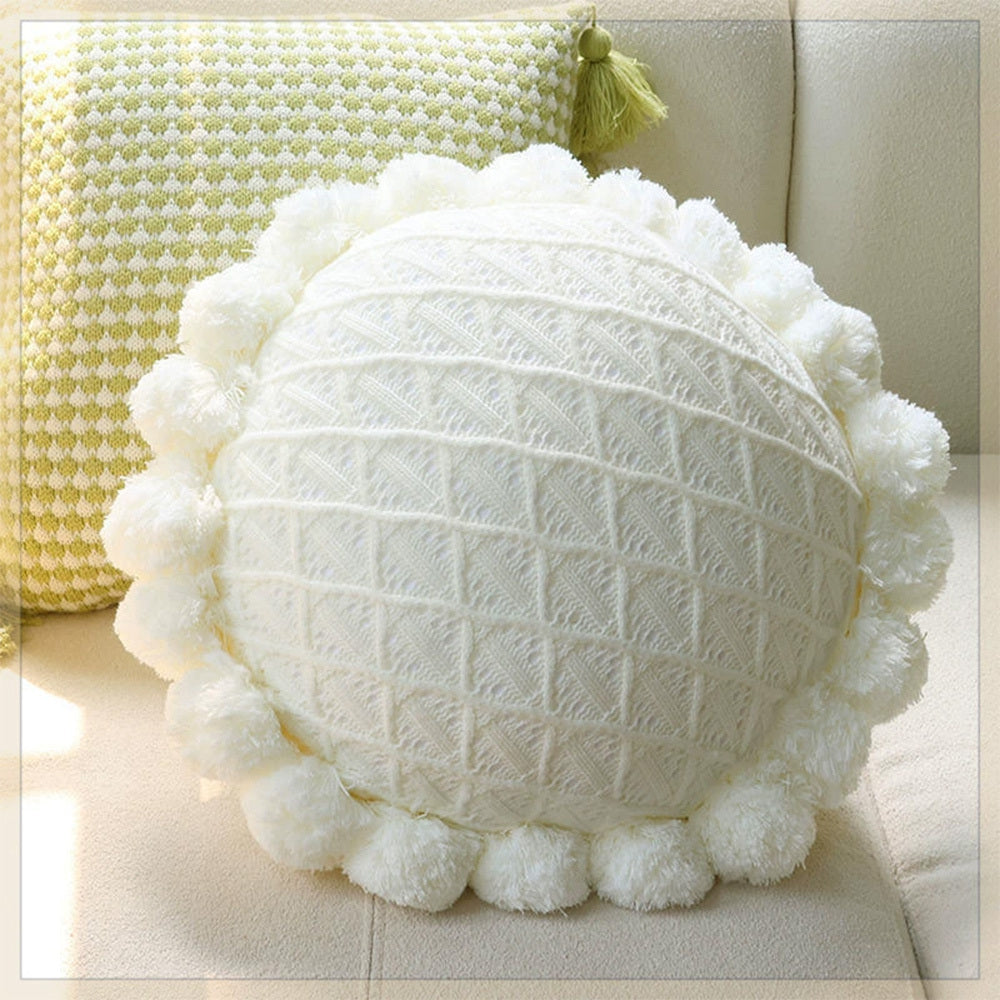 KTX-943123 Mint Green Textile Knitting Cushion Cover with Tassels - Modern Round Pillow for Living Room or Bedroom