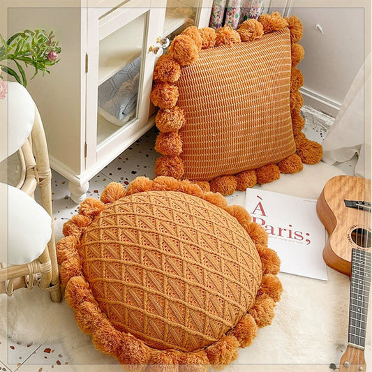 KTX-943123 Mint Green Textile Knitting Cushion Cover with Tassels - Modern Round Pillow for Living Room or Bedroom