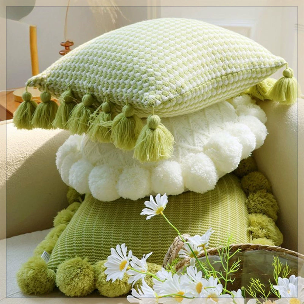 KTX-943123 Mint Green Textile Knitting Cushion Cover with Tassels - Modern Round Pillow for Living Room or Bedroom