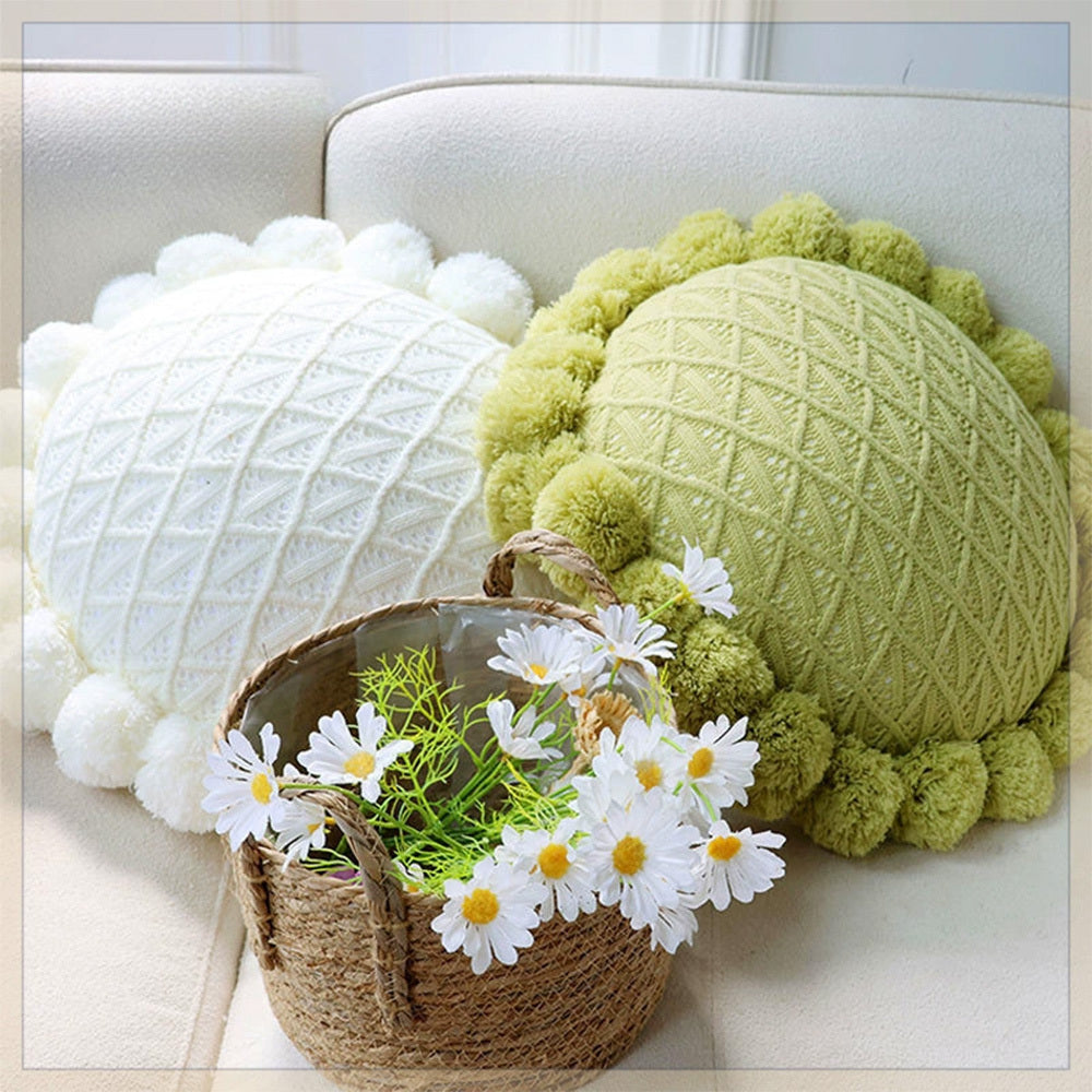 KTX-943123 Mint Green Textile Knitting Cushion Cover with Tassels - Modern Round Pillow for Living Room or Bedroom
