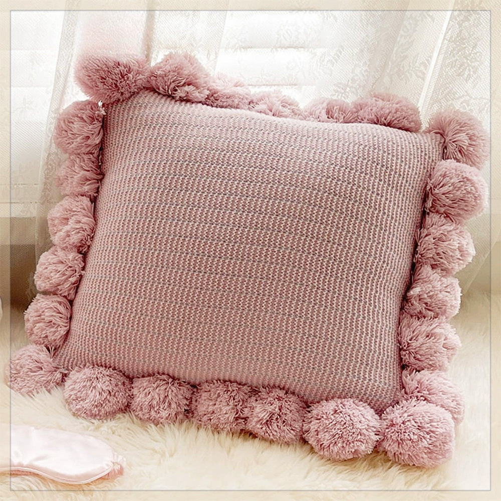 KTX-943123 Mint Green Textile Knitting Cushion Cover with Tassels - Modern Round Pillow for Living Room or Bedroom