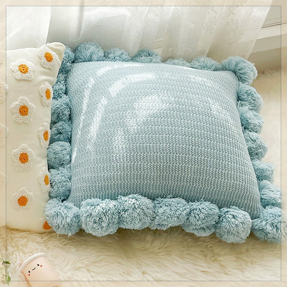 KTX-943123 Mint Green Textile Knitting Cushion Cover with Tassels - Modern Round Pillow for Living Room or Bedroom