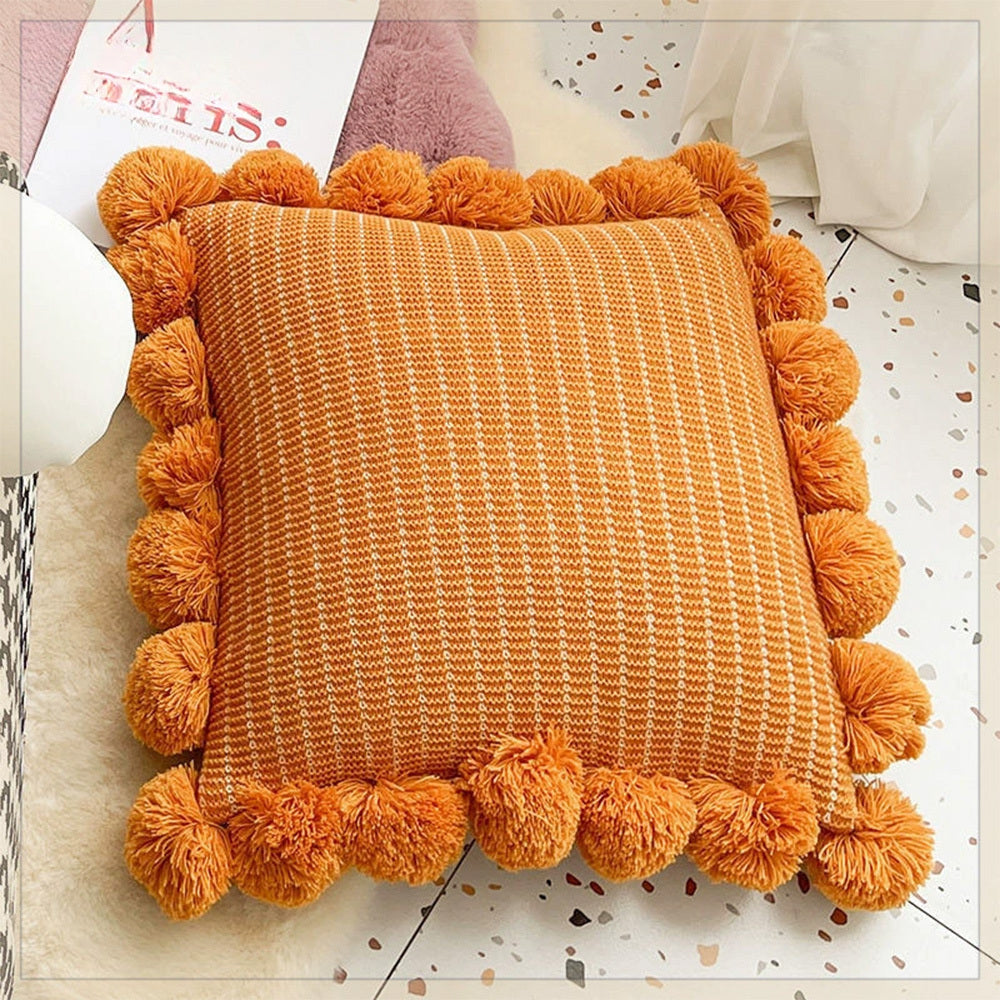 KTX-943123 Mint Green Textile Knitting Cushion Cover with Tassels - Modern Round Pillow for Living Room or Bedroom