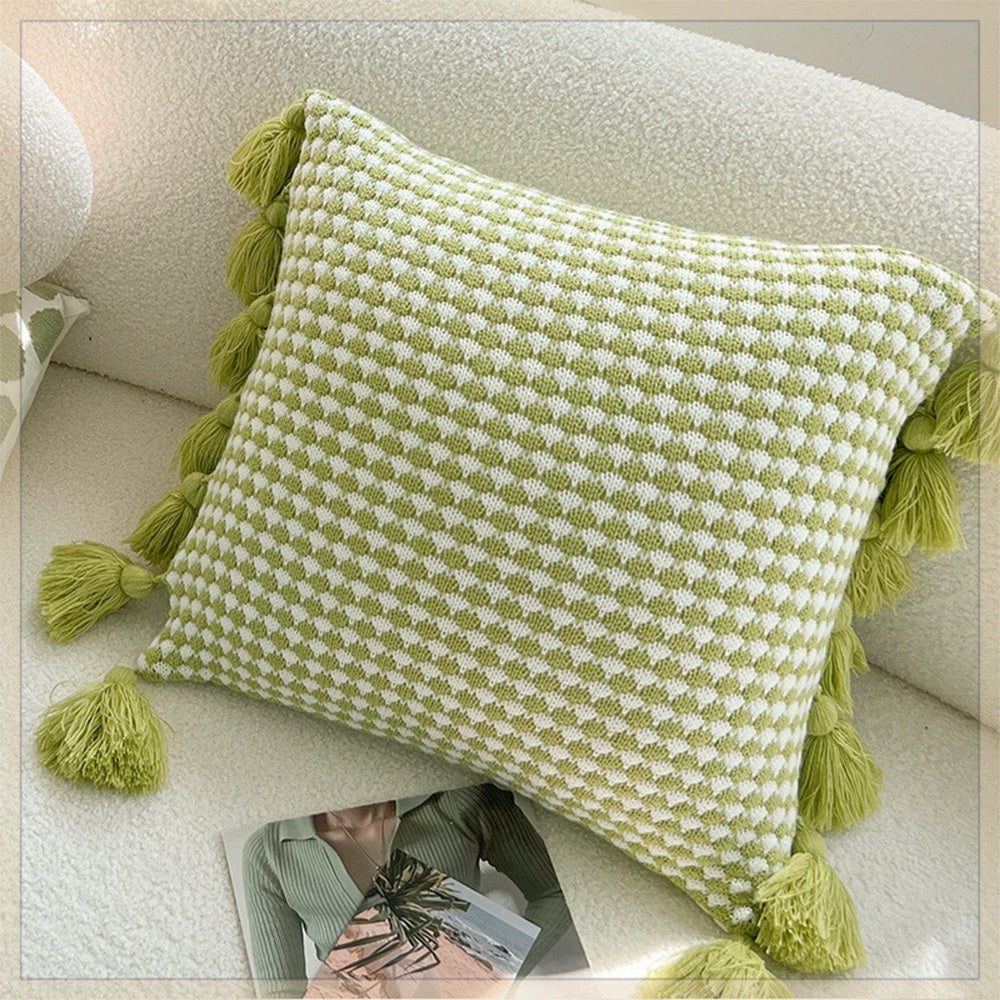 KTX-943123 Mint Green Textile Knitting Cushion Cover with Tassels - Modern Round Pillow for Living Room or Bedroom