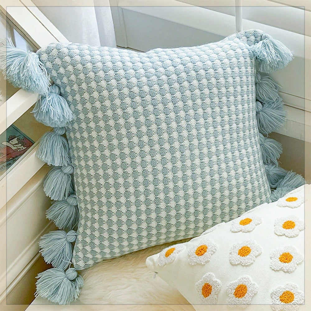 KTX-943123 Mint Green Textile Knitting Cushion Cover with Tassels - Modern Round Pillow for Living Room or Bedroom