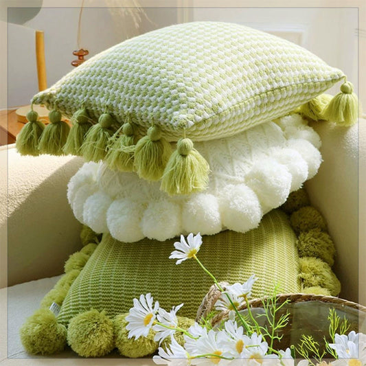 KTX-943123 Mint Green Textile Knitting Cushion Cover with Tassels - Modern Round Pillow for Living Room or Bedroom