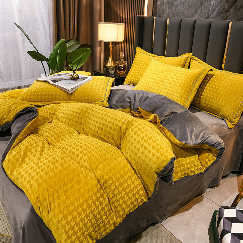 KTX-943315 Three-Dimensional Carved Velvet Four-Piece Bedding Set - Nordic Style, Houndstooth Patterns in Multiple Colors