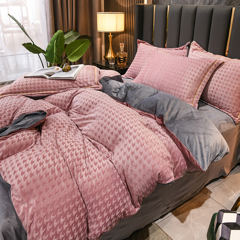 KTX-943315 Three-Dimensional Carved Velvet Four-Piece Bedding Set - Nordic Style, Houndstooth Patterns in Multiple Colors
