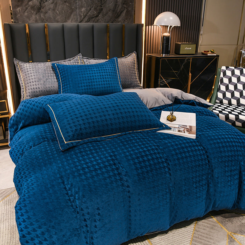 KTX-943315 Three-Dimensional Carved Velvet Four-Piece Bedding Set - Nordic Style, Houndstooth Patterns in Multiple Colors
