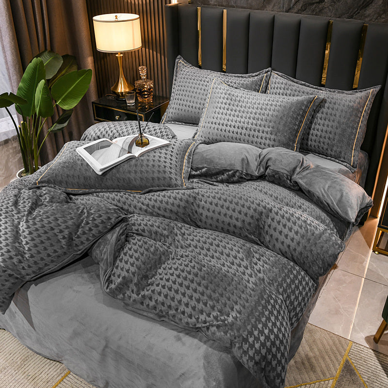 KTX-943315 Three-Dimensional Carved Velvet Four-Piece Bedding Set - Nordic Style, Houndstooth Patterns in Multiple Colors