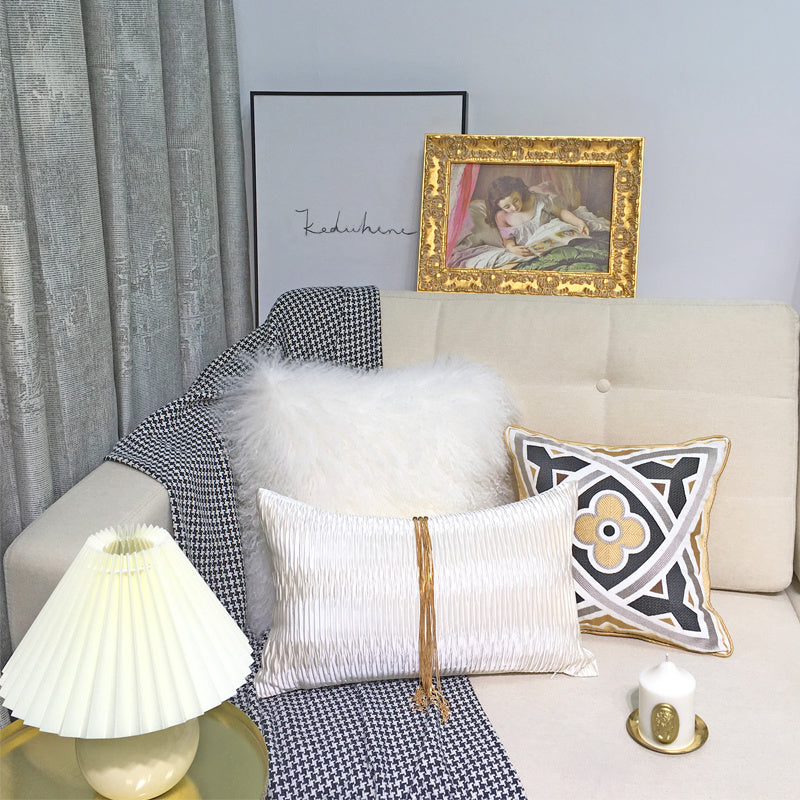 KTX-945299 Pearl White Cotton Tassel Throw Pillow - Modern Decorative Waist Cushion 30x50cm