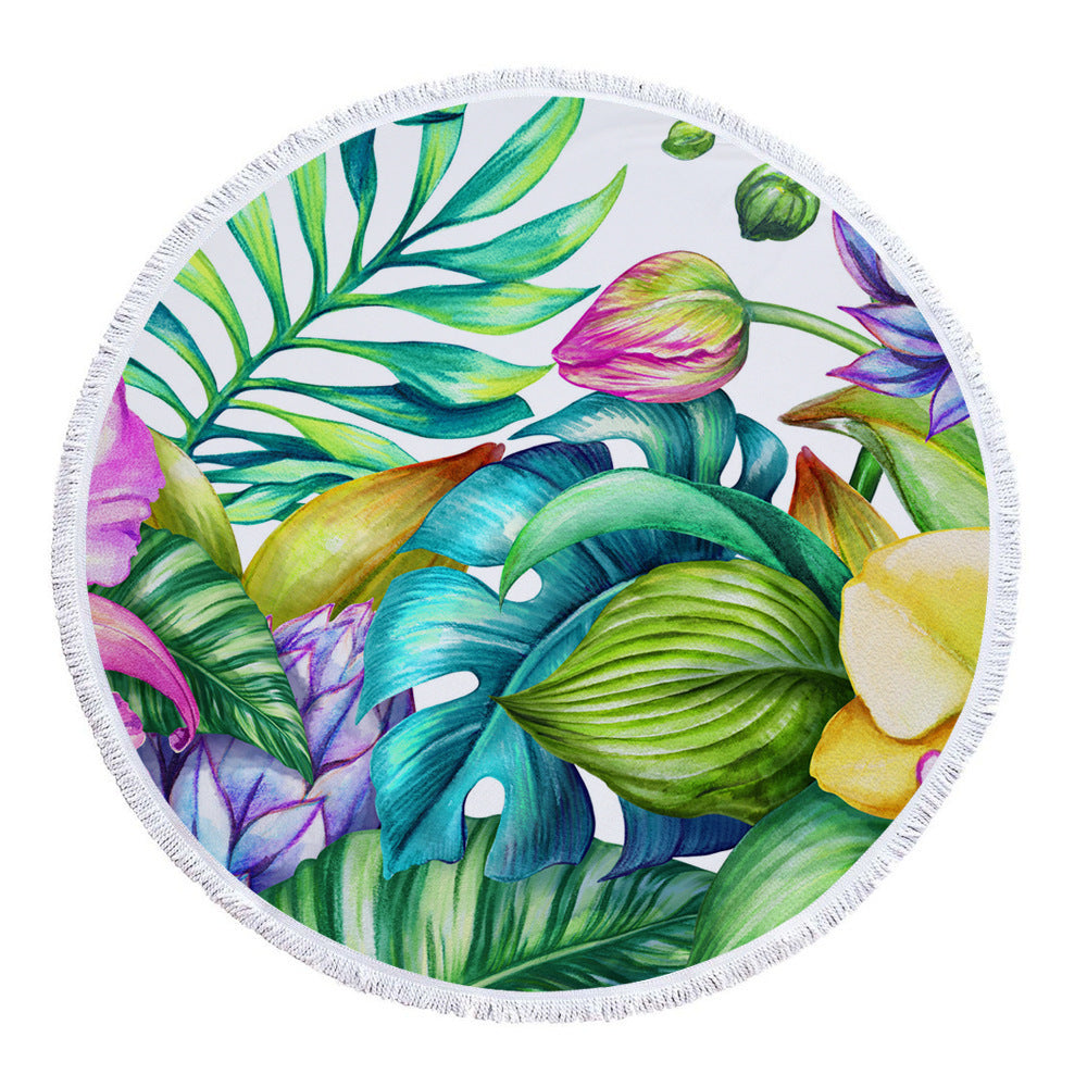 KTX-945619 Patterned Microfiber Round Beach Towel with Tassels, 150cm Diameter, Fade-Resistant Design