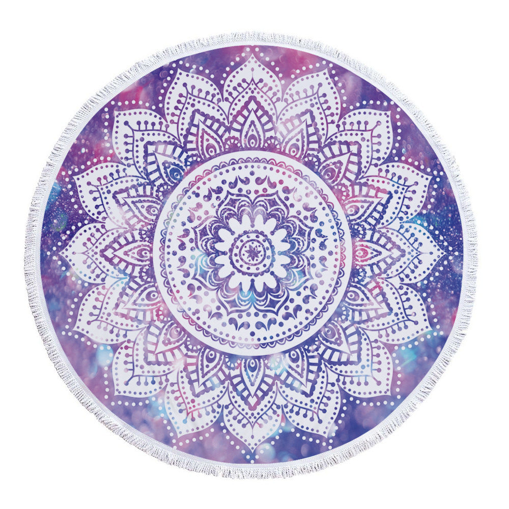 KTX-945619 Patterned Microfiber Round Beach Towel with Tassels, 150cm Diameter, Fade-Resistant Design