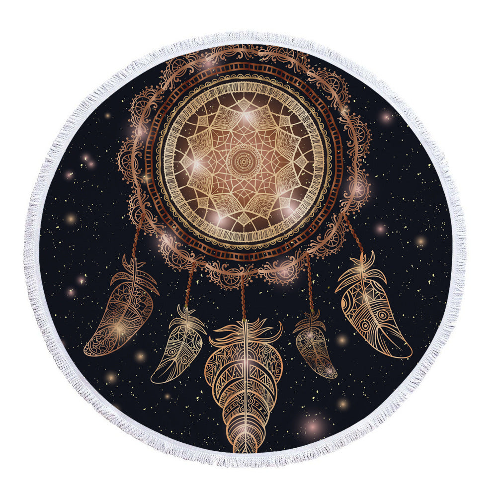 KTX-945619 Patterned Microfiber Round Beach Towel with Tassels, 150cm Diameter, Fade-Resistant Design