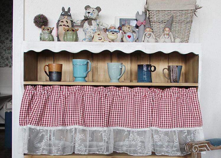 KTX-946323 Tanabe Red and Blue Plaid Lace Ruffled Kitchen and Bathroom Curtains, Various Sizes Available