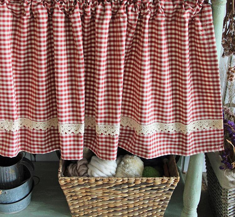 KTX-946323 Tanabe Red and Blue Plaid Lace Ruffled Kitchen and Bathroom Curtains, Various Sizes Available