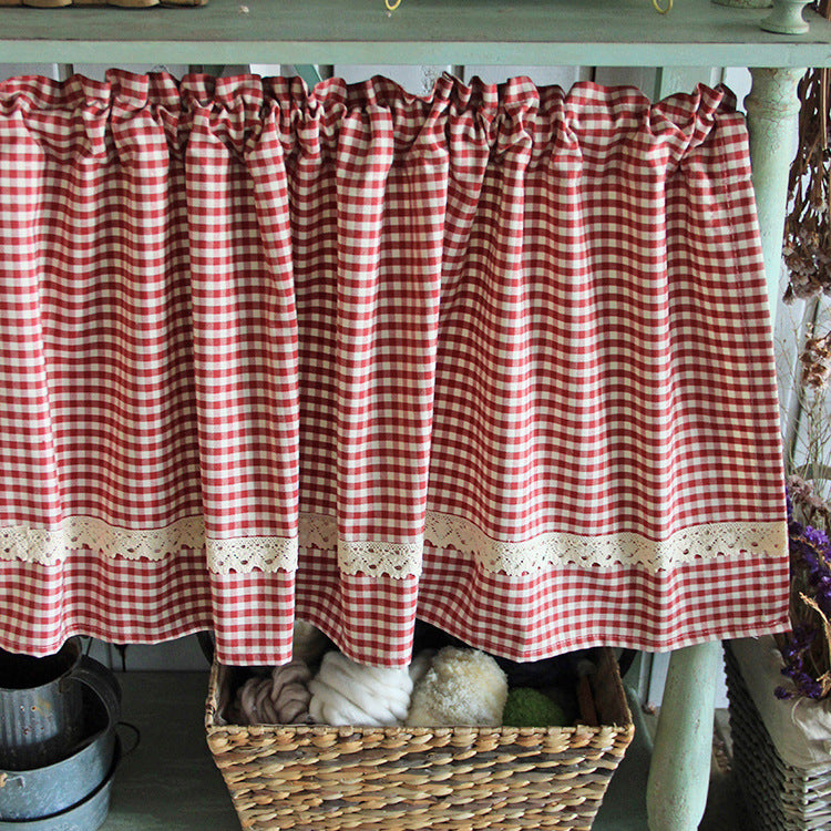 KTX-946323 Tanabe Red and Blue Plaid Lace Ruffled Kitchen and Bathroom Curtains, Various Sizes Available