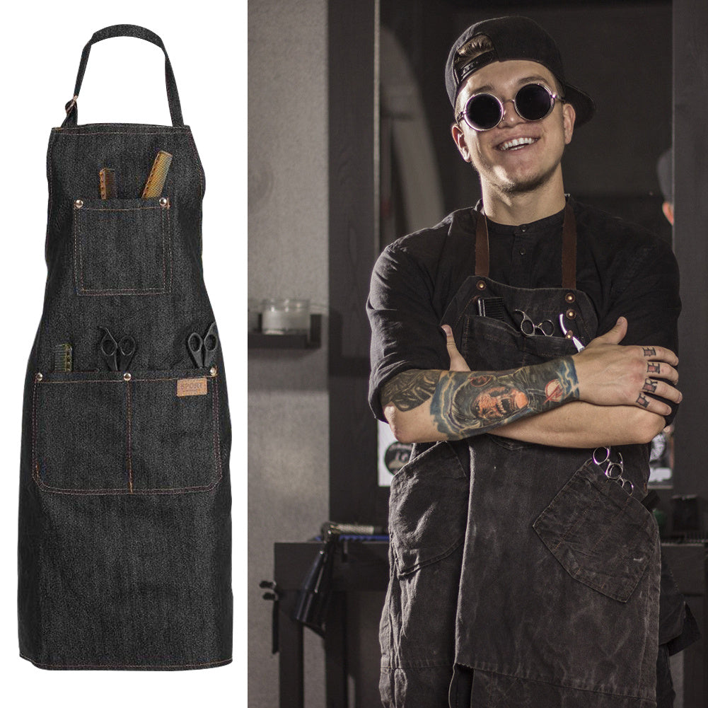 KTX-946579 Vulcanized Black Denim Sleeveless Halterneck Work Apron for Versatile Use