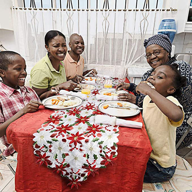 KTX-948243 Embroidered Nordic Christmas Flower Table Runner - White and Red, 38cm x 175cm