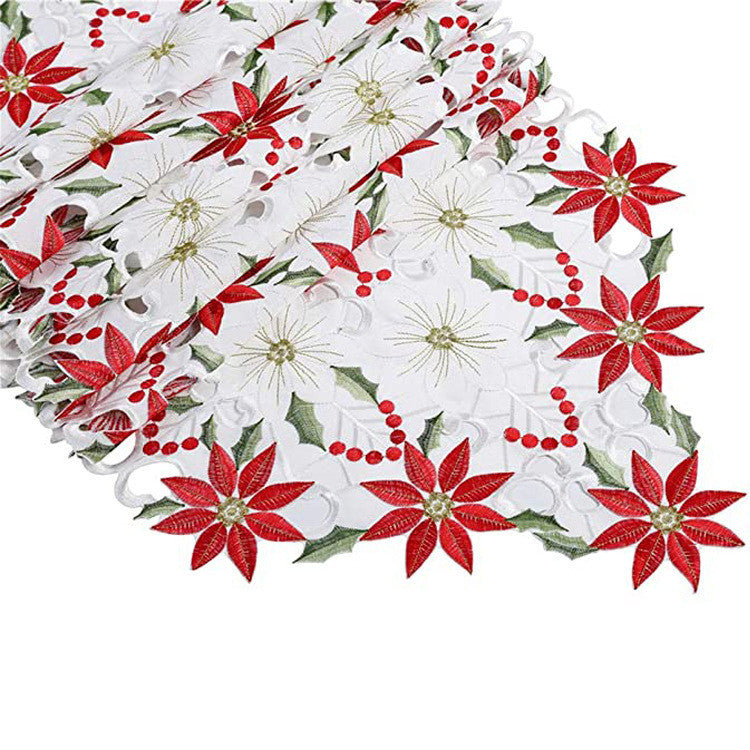 KTX-948243 Embroidered Nordic Christmas Flower Table Runner - White and Red, 38cm x 175cm