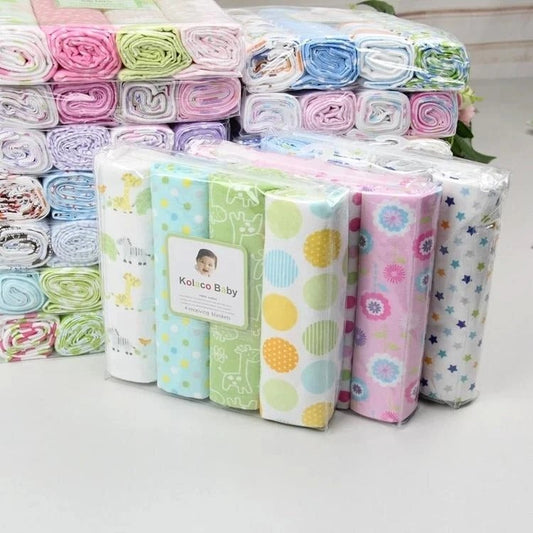 KTX-948755 Organic Cotton Receiving Blankets Set - 4 Soft Flannel Designs, 30"x30" Each, Ideal for Swaddling and Burp Cloths