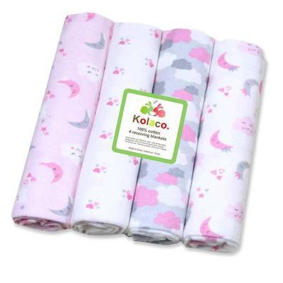 KTX-948755 Organic Cotton Receiving Blankets Set - 4 Soft Flannel Designs, 30"x30" Each, Ideal for Swaddling and Burp Cloths
