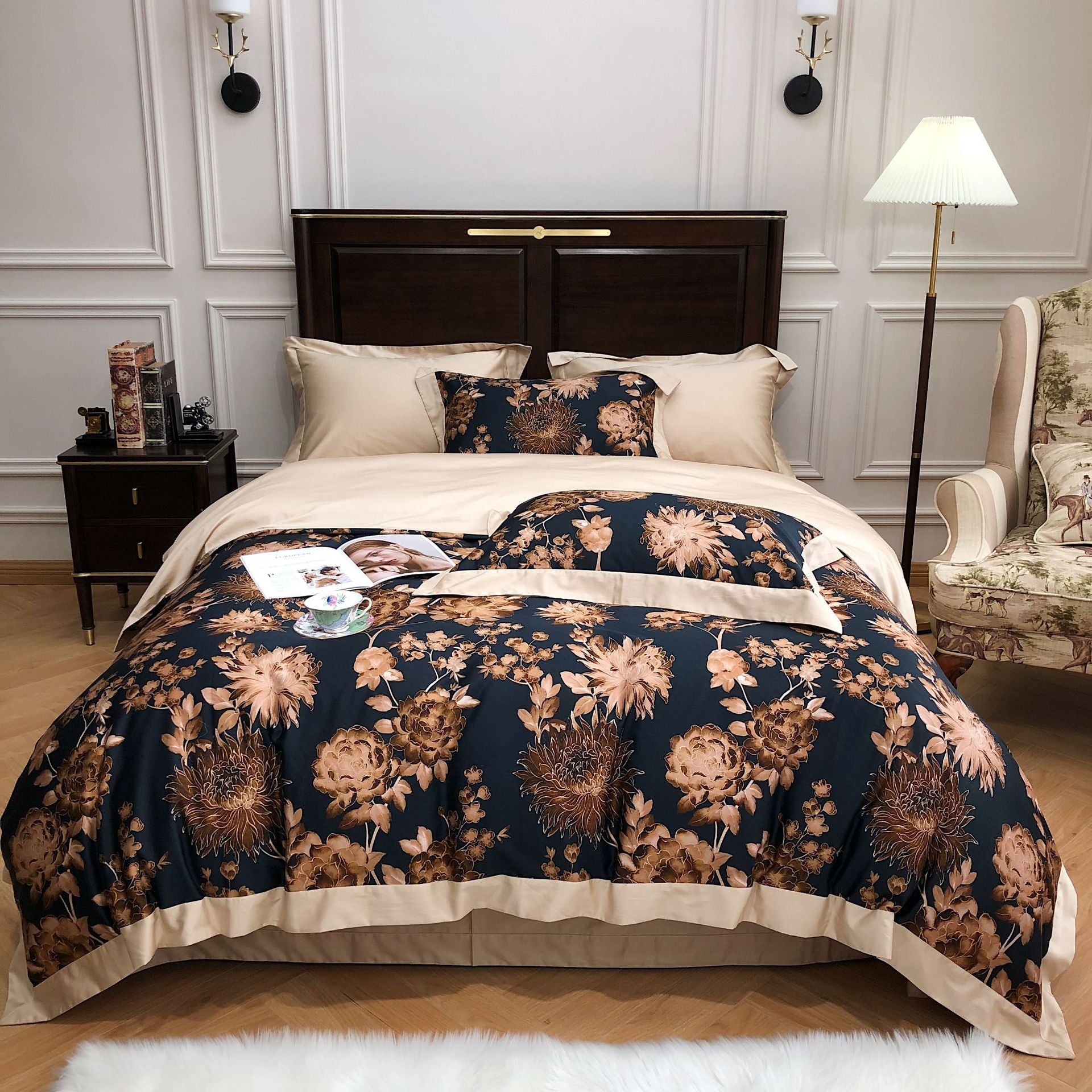 KTX-951379 European Style Cotton Digital Printing Four-Piece Bed Set with Floral Embroidery