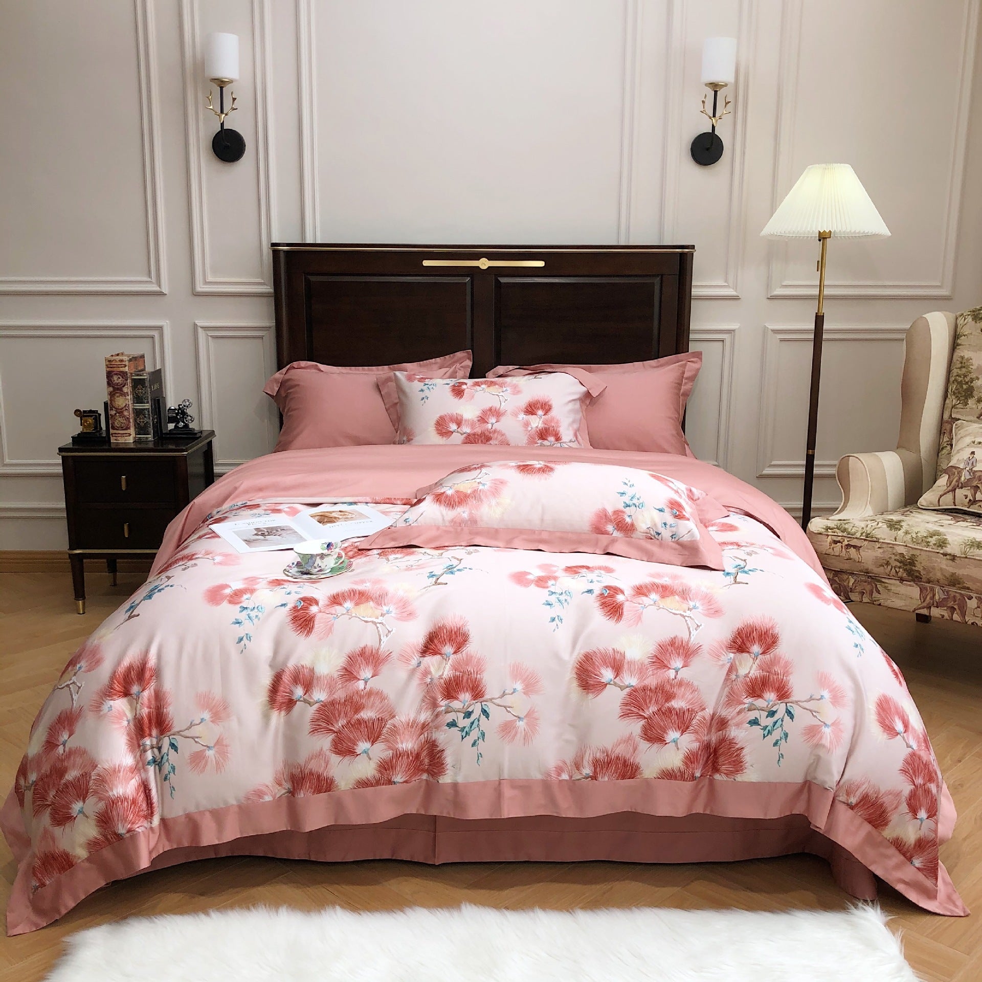 KTX-951379 European Style Cotton Digital Printing Four-Piece Bed Set with Floral Embroidery