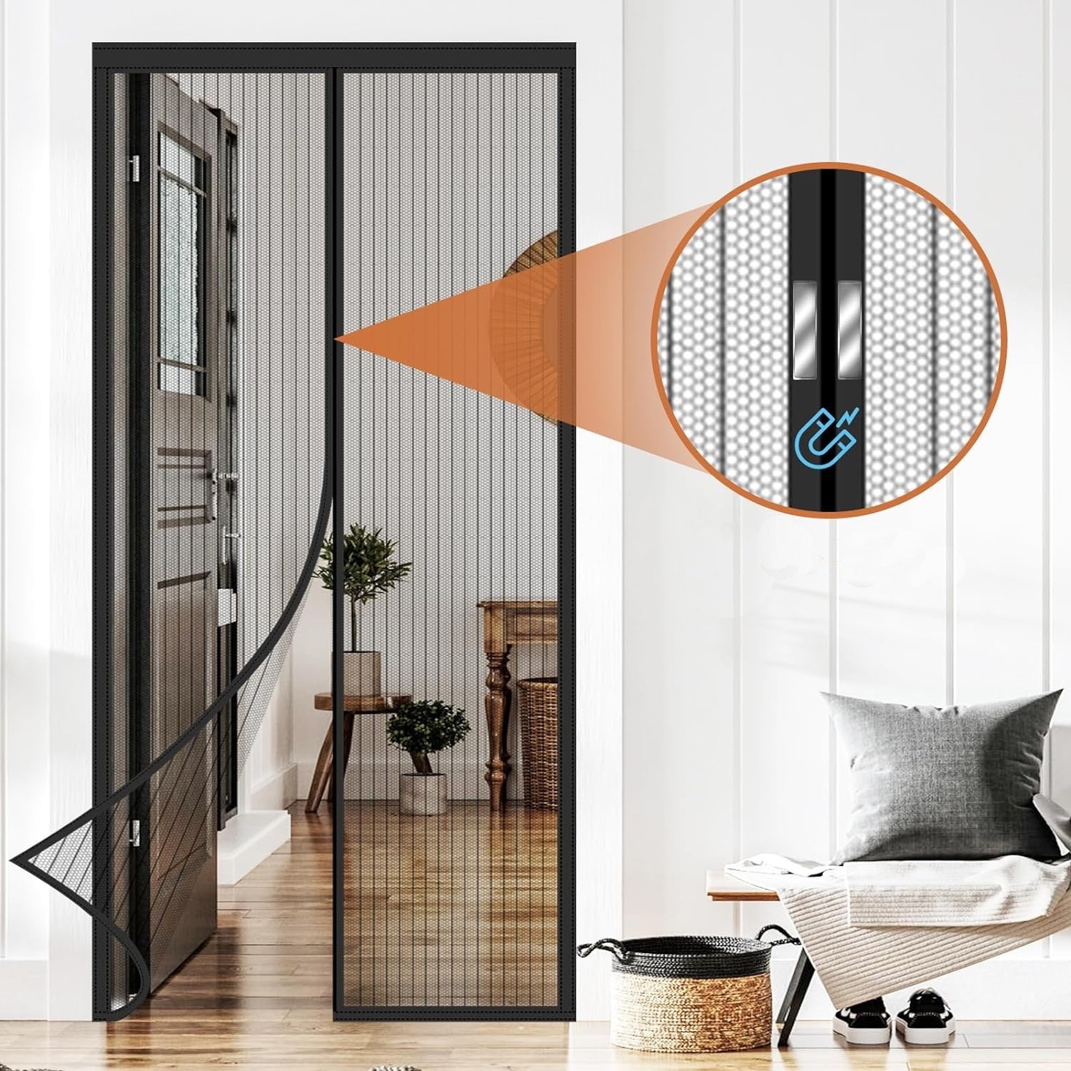 KTX-953299 Magnetic Stripe Summer Door Curtain with Velcro, Black/White Polyester, Modern Style, Sizes 90x210cm & 100x210cm