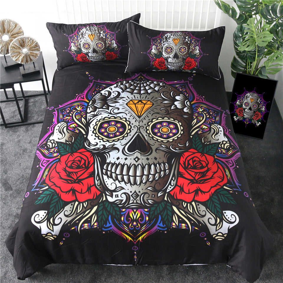 KTX-953683 Skull-Themed Three-Piece Polyester Bedding Set with Geometric Pattern