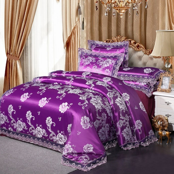 KTX-954835 Elegant Satin Embroidery Modal Jacquard Cotton Four-Piece Bedding Set with Floral Pattern for Standard and Plus-Size Beds