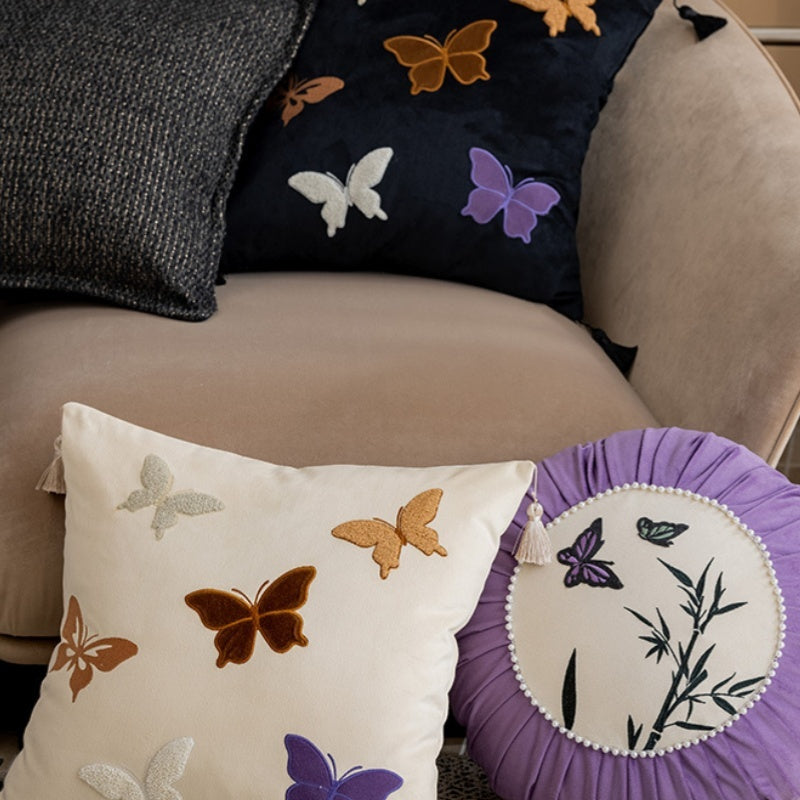 KTX-956627 Chinese Style Butterfly Embroidery Pillow in Beige, Black, and Purple - 45x45cm