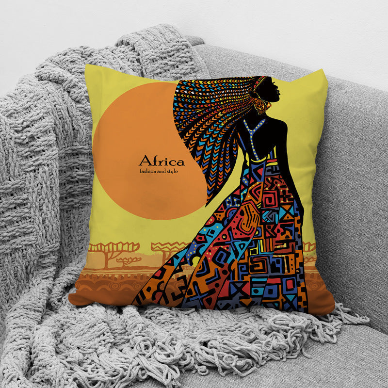 KTX-957779 African Ethnic Style Character Print Cushion Pillow for Office and Home 45x45cm
