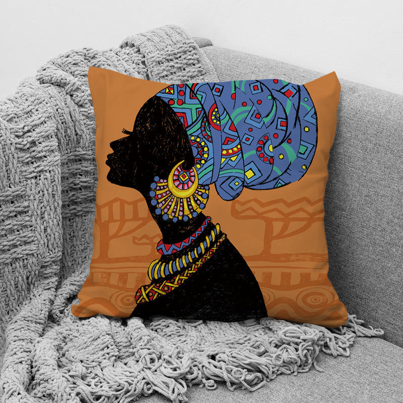 KTX-957779 African Ethnic Style Character Print Cushion Pillow for Office and Home 45x45cm