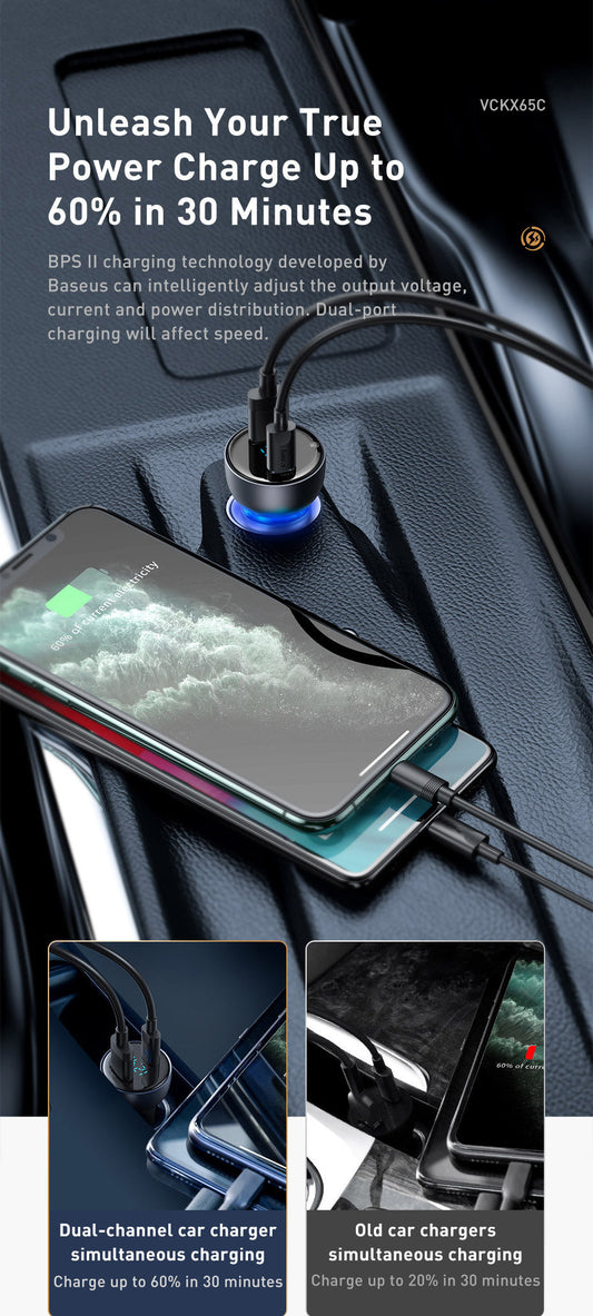 KTX-958035 Dual-Port Fast Charge Car Charger with Type-C and USB Outputs, 65W & 30W, Supports Notebook Charging, Translucent Design, Real-Time Battery Voltage Monitoring