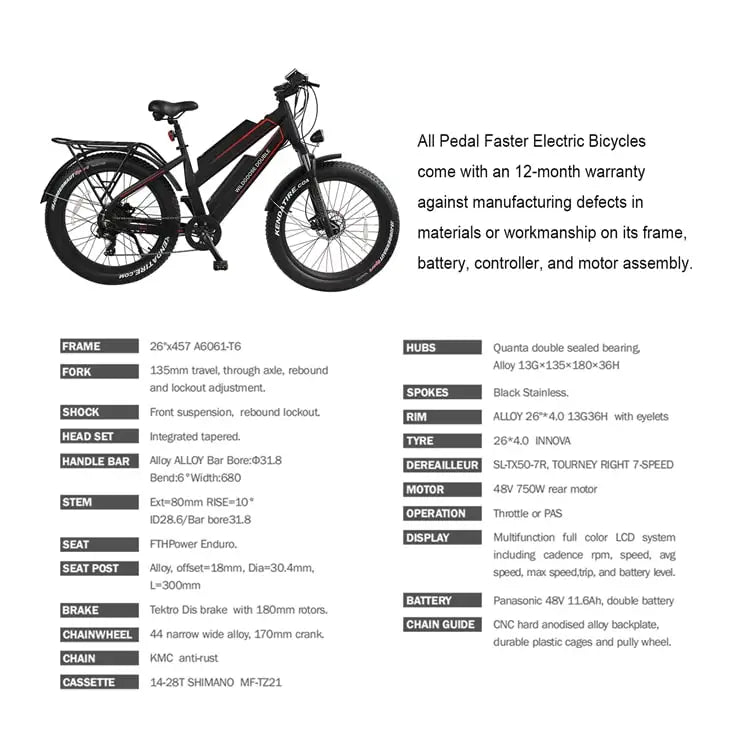 KTX-958675 48V Aluminum Alloy Long Range Fat Tire Electric Mountain Bike, 7 Speed, 26" Wheels, Dual Battery
