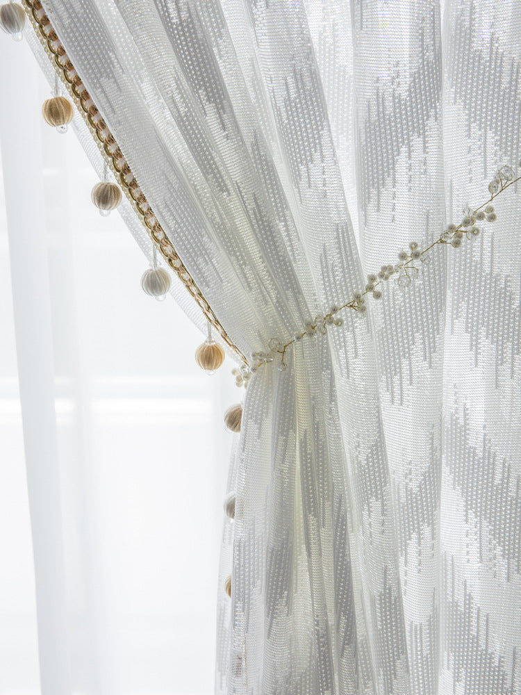KTX-959827 Light Luxury Pure Color Curtain with Golden Beads - Polyester Fabric, Customized Per Meter