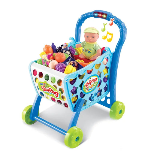 KTX-962259 Kids Shopping Cart Playset with Electronic Toy Cash Register - Supermarket Trolley for Pretend Play