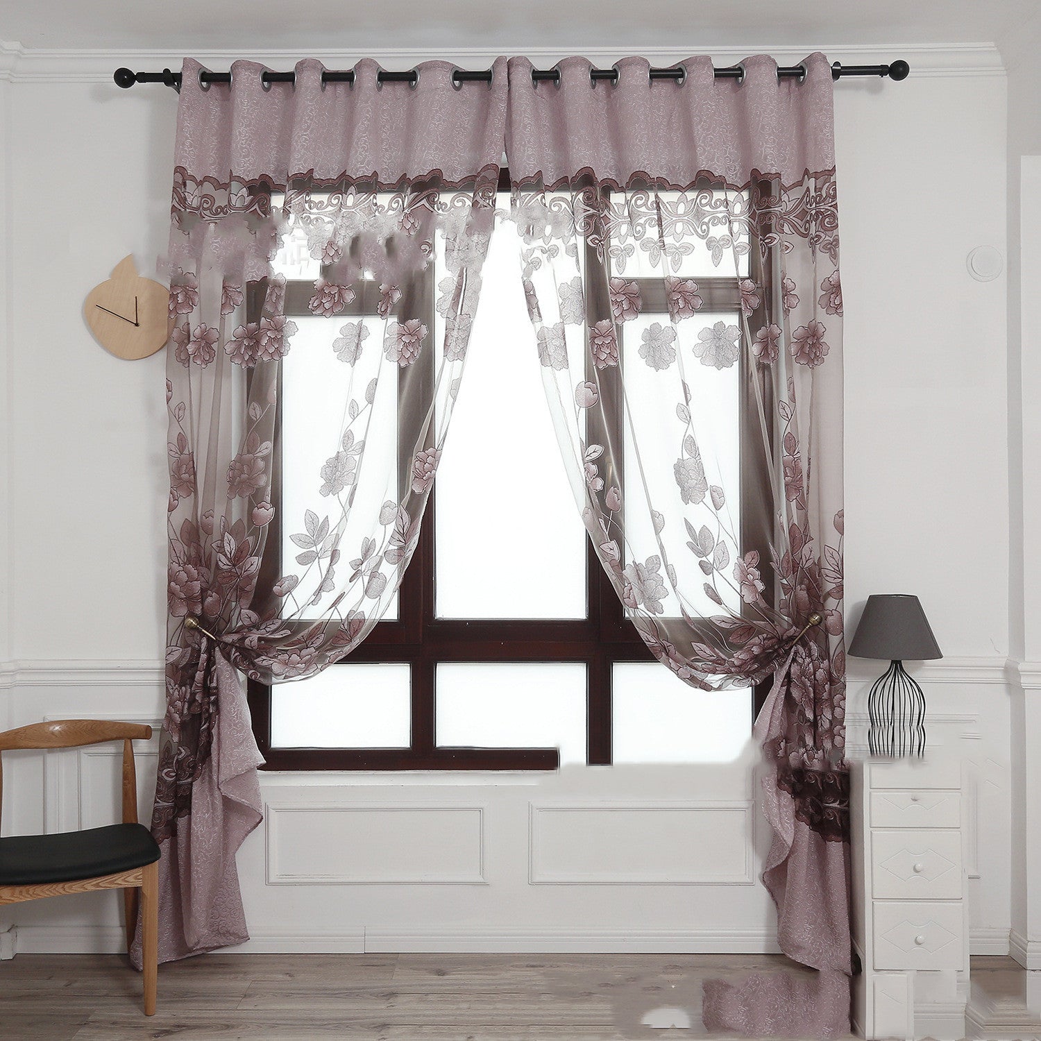 KTX-963283 Elegant Jacquard Burnt-Out Peony Window Curtain - Cotton & Polyester Blend, Light-Filtering Design