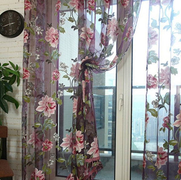 KTX-963283 Elegant Jacquard Burnt-Out Peony Window Curtain - Cotton & Polyester Blend, Light-Filtering Design