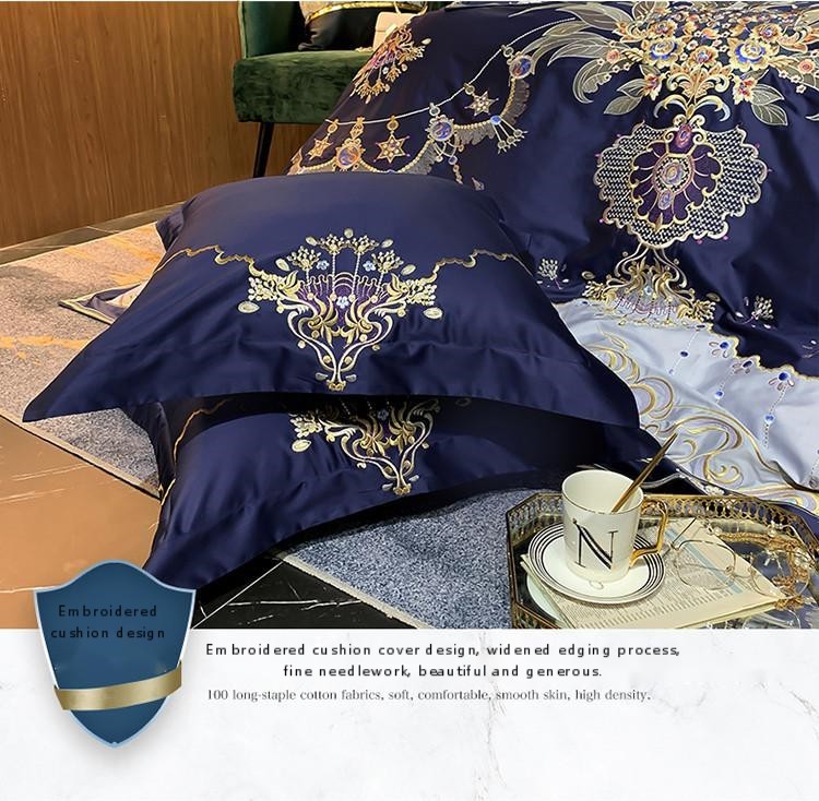 KTX-964883 European Style Embroidered Flower Cotton Bedding Set - Four-Piece or Six-Piece Options