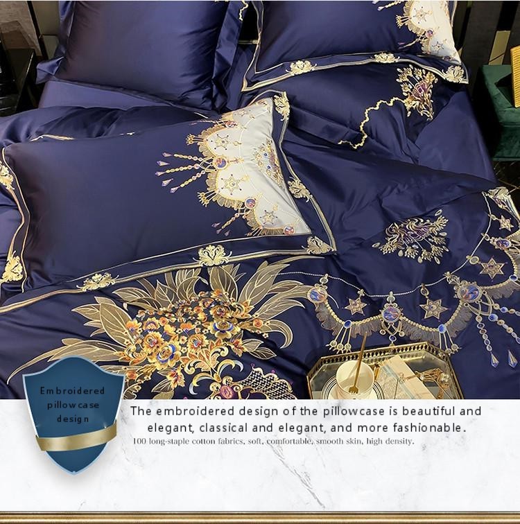 KTX-964883 European Style Embroidered Flower Cotton Bedding Set - Four-Piece or Six-Piece Options