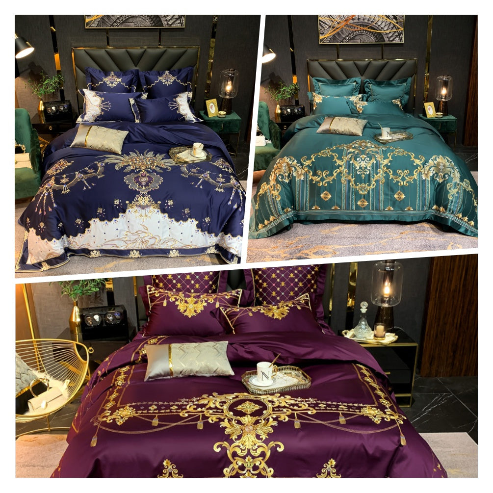 KTX-964883 European Style Embroidered Flower Cotton Bedding Set - Four-Piece or Six-Piece Options