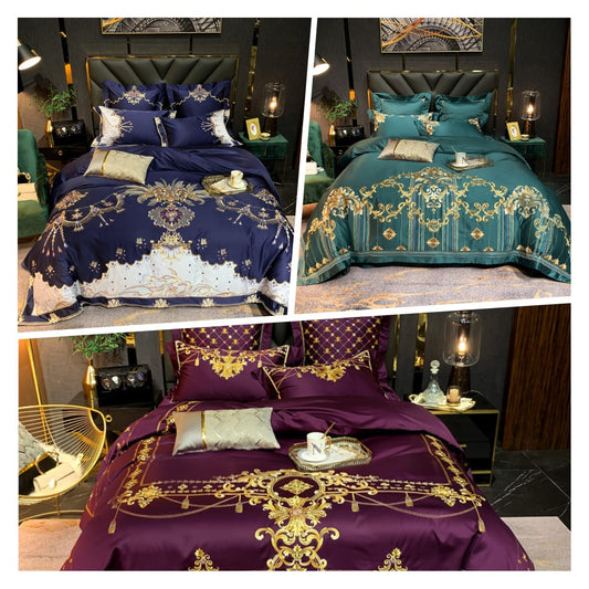 KTX-964883 European Style Embroidered Flower Cotton Bedding Set - Four-Piece or Six-Piece Options