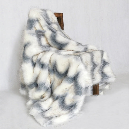 KTX-966355 Luxurious Geometric Pattern Blue Water Wave Faux Fur Blanket - Multiple Sizes Available