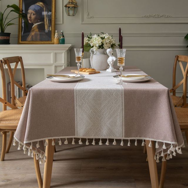 KTX-967187 Rectangular Waterproof Cotton and Linen Disposable Tablecloth in Light Gray, Green, and Brown