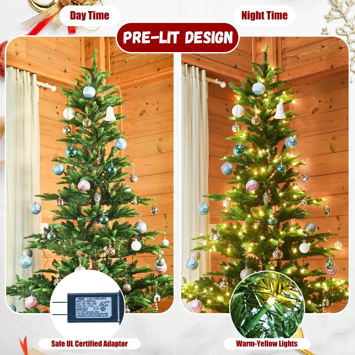 KTX-968787 7ft Pine Christmas Tree with Warm LED Lighting for Indoor Living Room Decoration